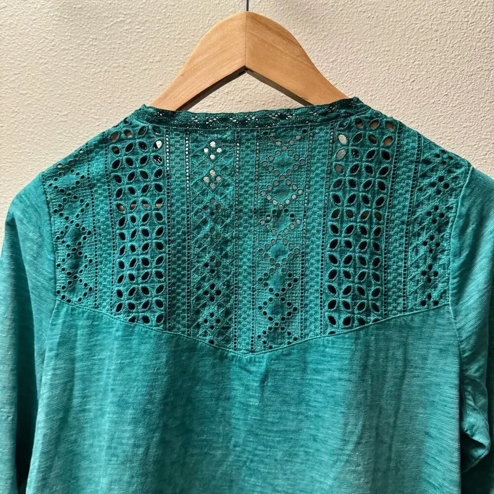 Soft Surroundings Teal Eyelet Knit Boho V-cut Quarter Sleeves Top Women's sz S - Picture 6 of 10